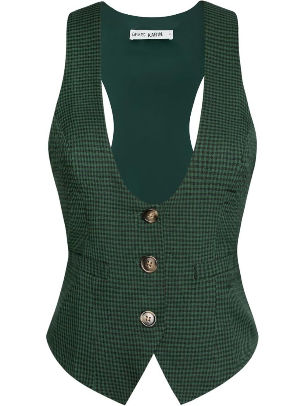 Women's Green Plaid Dressy Casual Sleeveless Button Waistcoat Suit Vest Tops